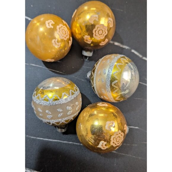 Vintage Shiny Brite Glass Christmas Ornaments Gold With Glitter Accents Made USA - Picture 3 of 6